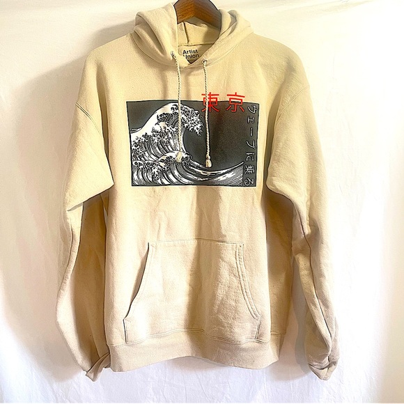 ARTIST UNION Japanese Hoodie RIDE THE WAVE Sweatshirt Mens Medium Beige Tan Zen - Picture 1 of 8